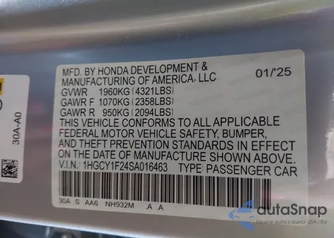 2025 Honda Accord Lx из США, поврежденный, VIN 1HGCY1F24SA016463